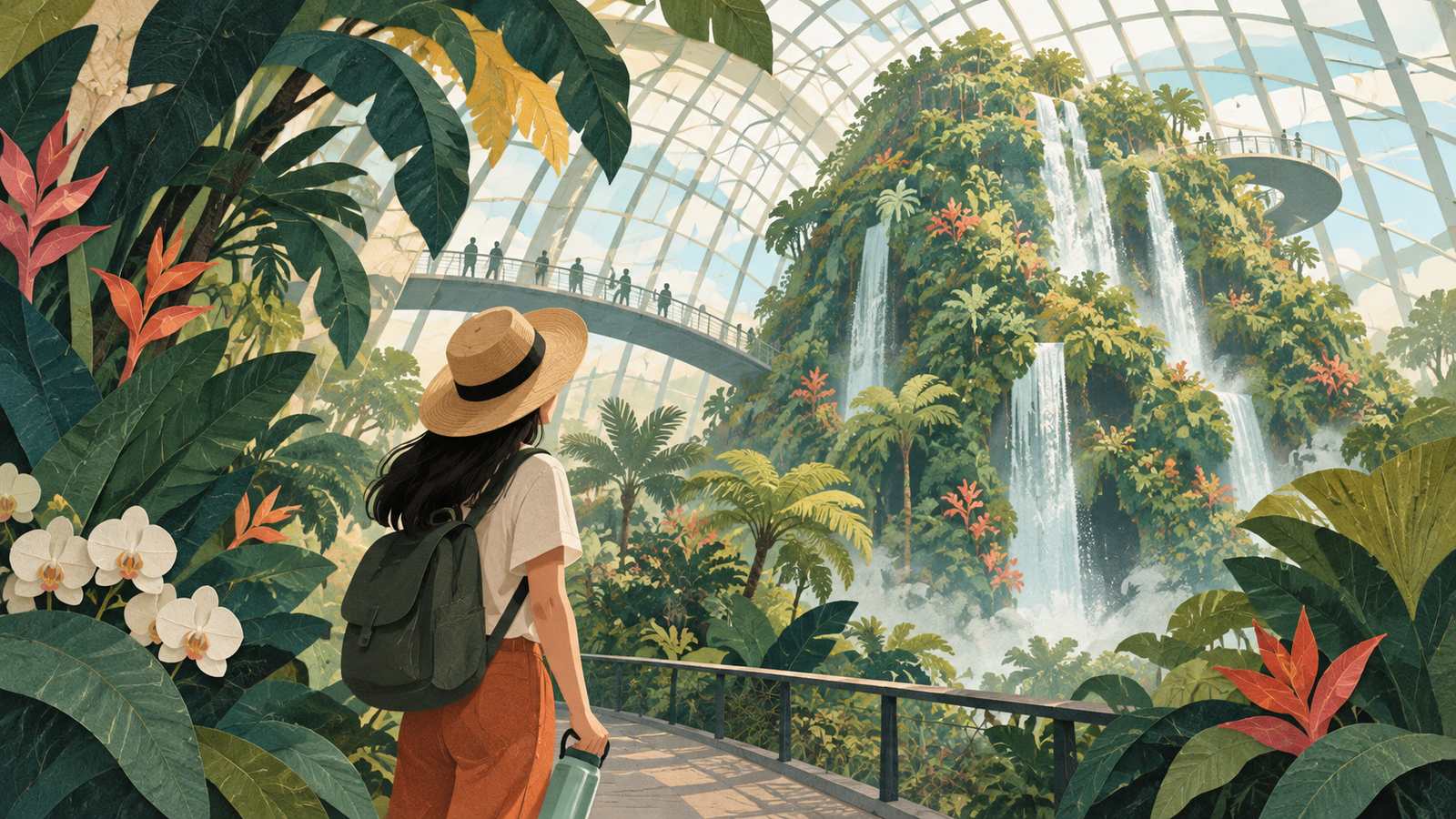Conceptual glass conservatories, tropical plants and a traveler holding a water bottle (AI-generated illustration, not a real photo)