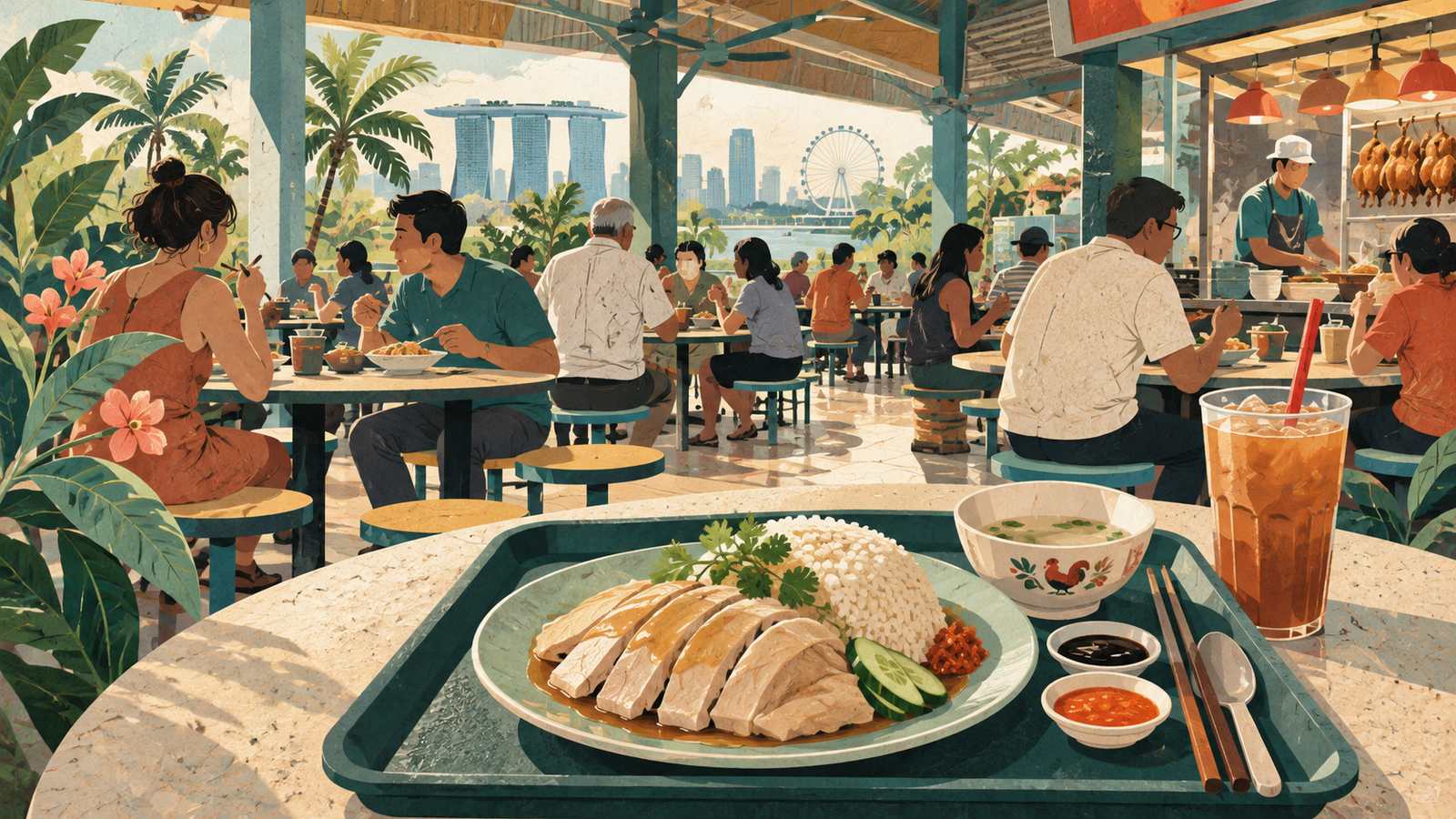 Shared tables and a tray with a rice meal in a tropical, open-air hawker centre (AI-generated illustration, not a real photograph)