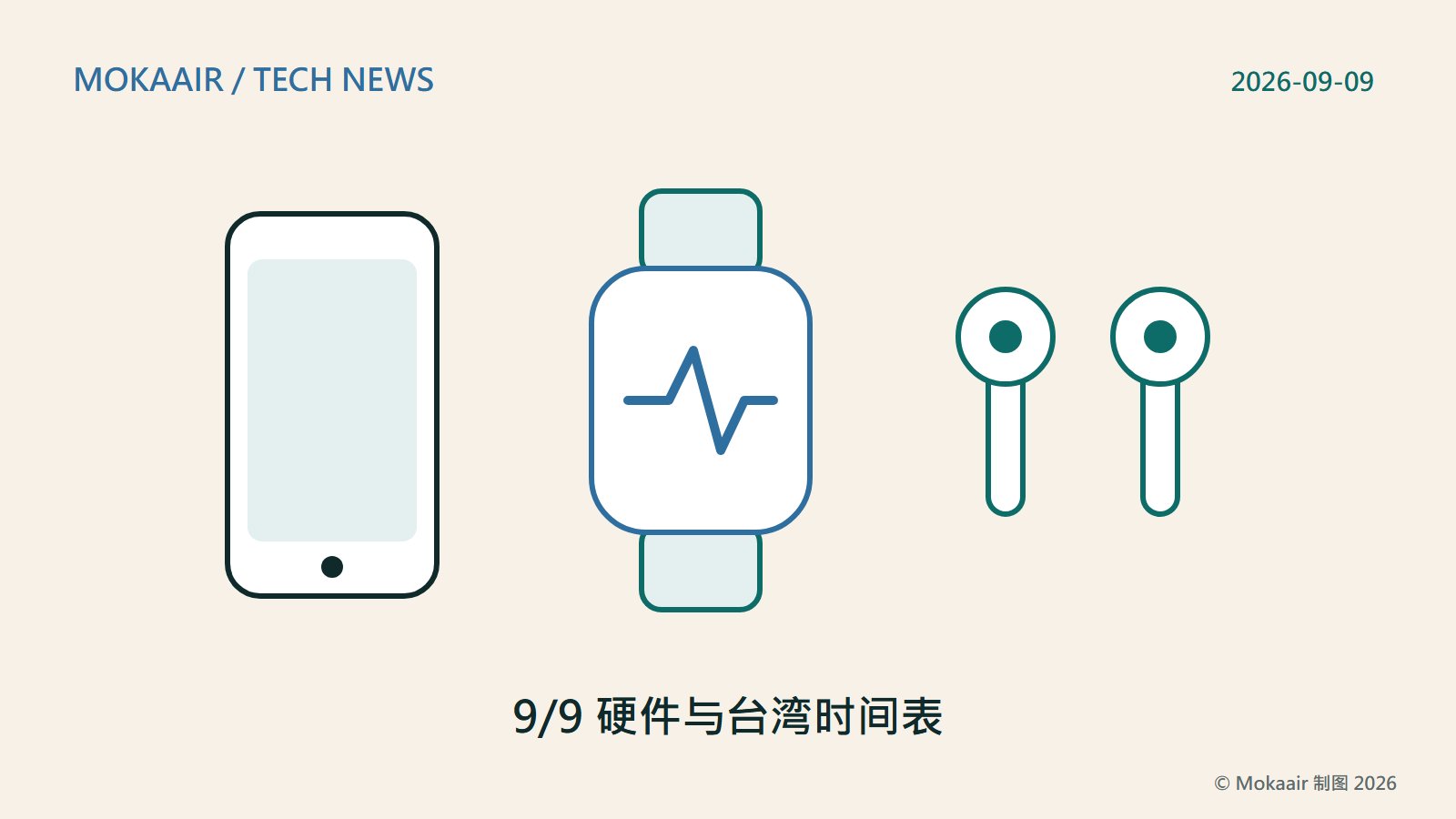 原创插图：从左到右并排三种设备的几何轮廓——一部手机、一只表面上画着心跳波形的手表、一副耳机，代表同一天发布的三类产品；不呈现任何实际产品外观或商标