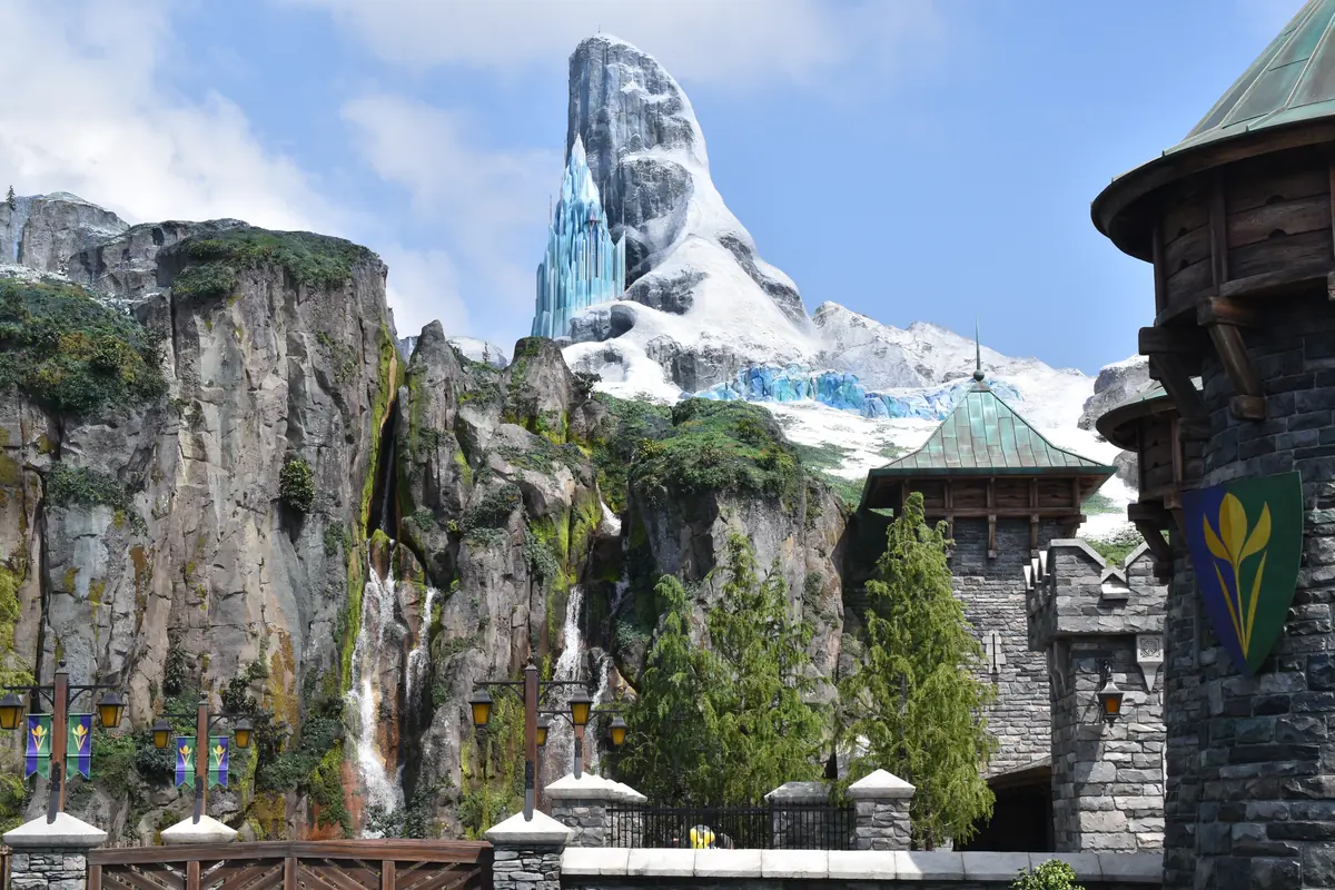 Frozen Kingdom in Fantasy Springs, looking toward the North Mountain from the bridge to Arendelle Castle