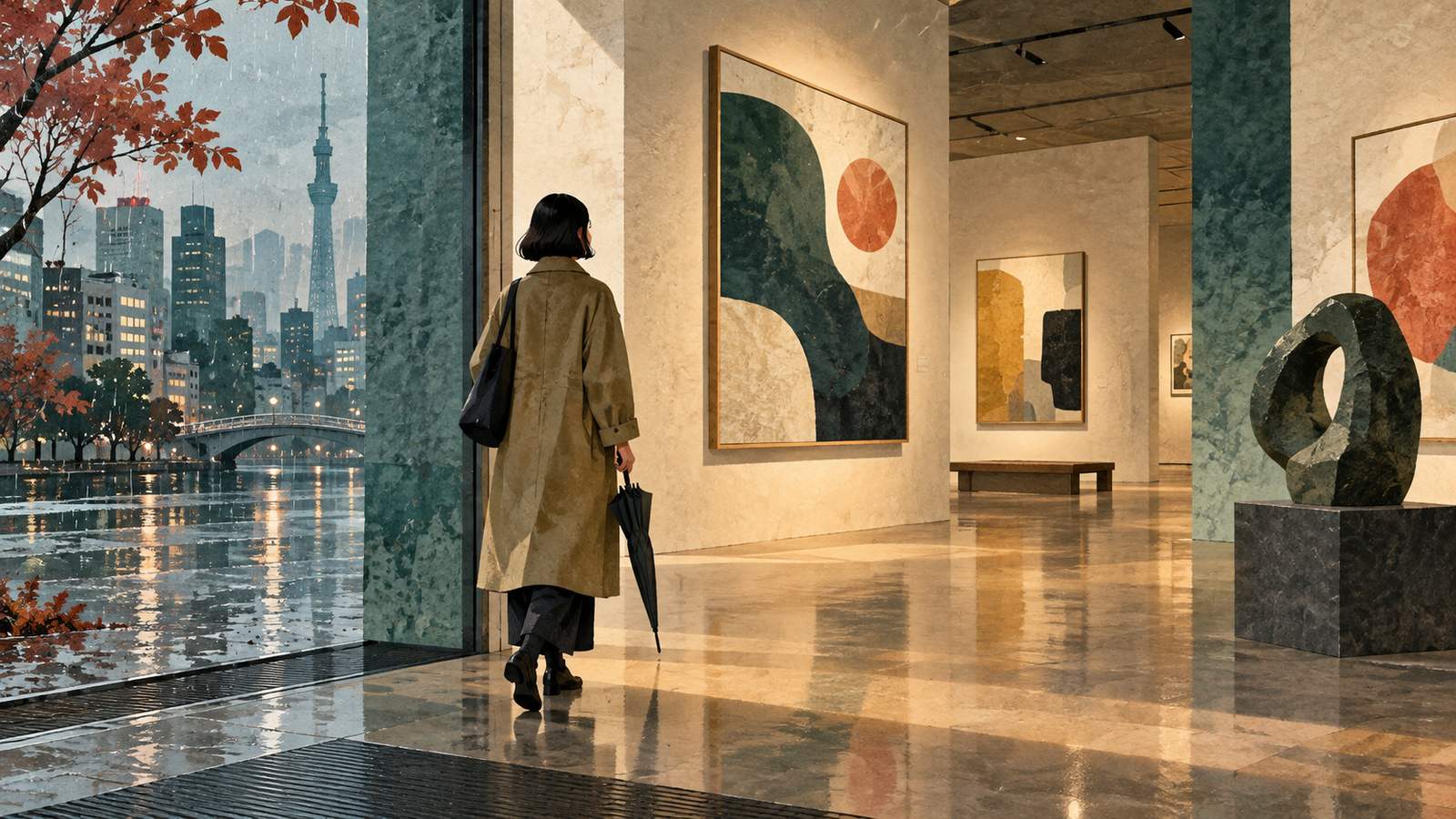 A traveler closes an umbrella and enters an art museum displaying abstract paintings (AI-generated illustration, not a photograph)