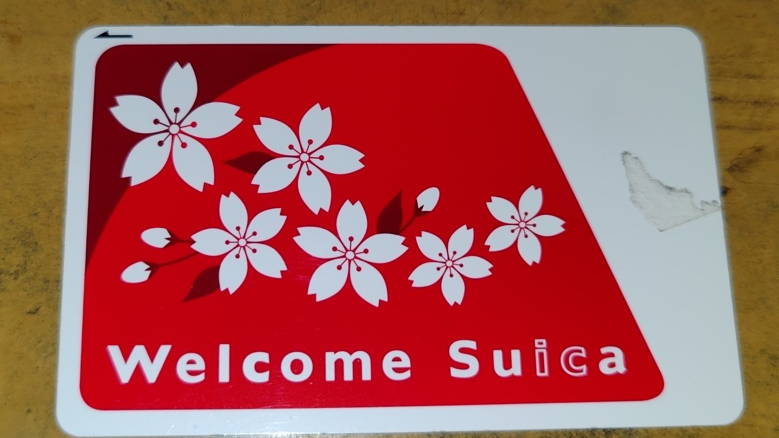 A Welcome Suica card for short-term visitors, with a red cherry blossom design on white
