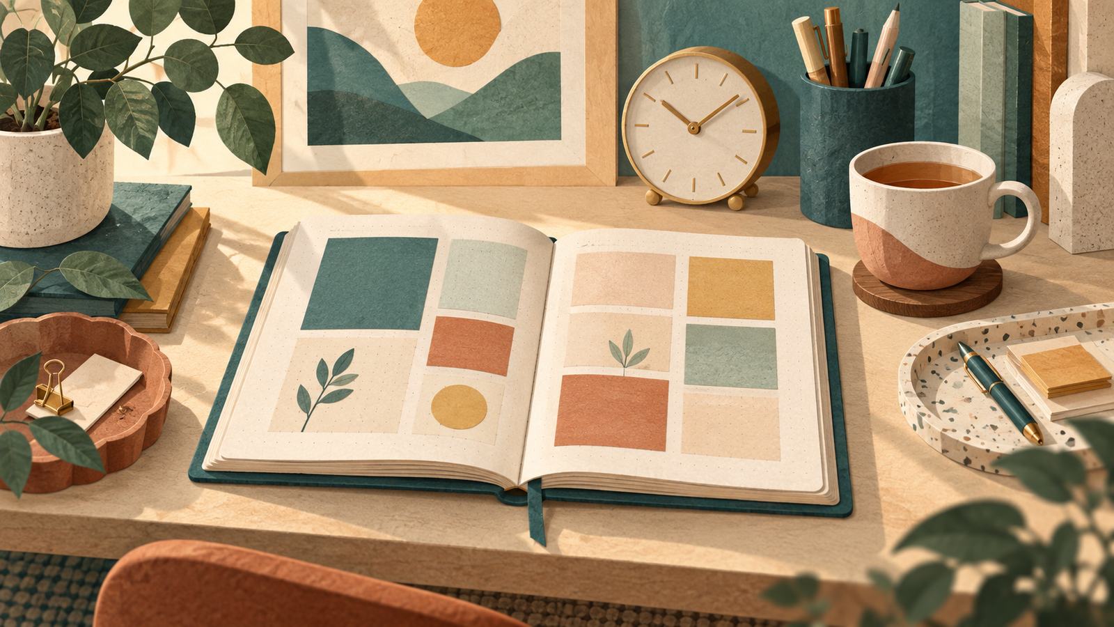 An open calendar, a desk clock, a cup of tea, and neatly arranged stationery (AI-generated illustration, not a photograph)
