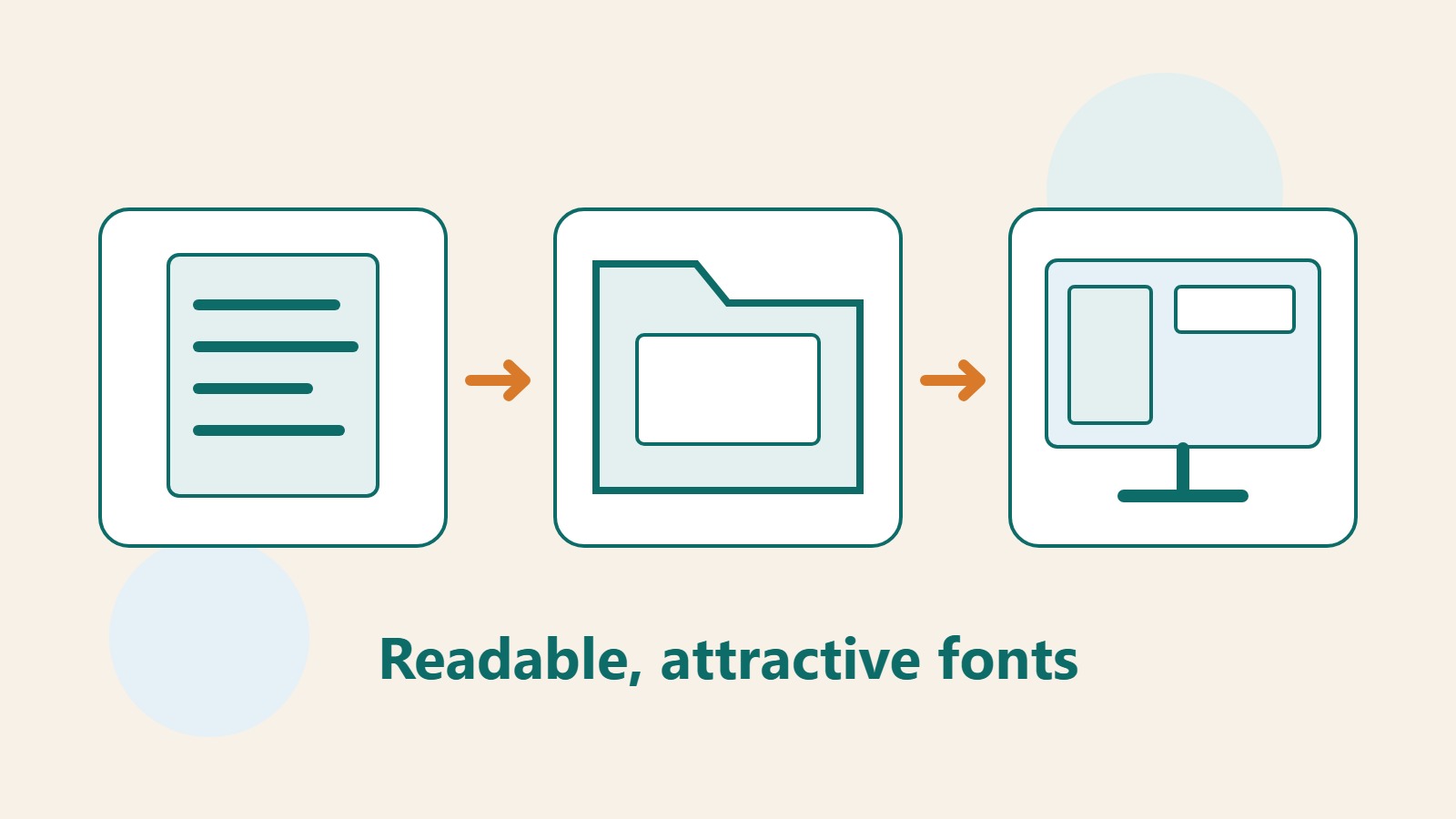 Original illustration of a document, folder, and screen showing font-file management and text displayed on a website.