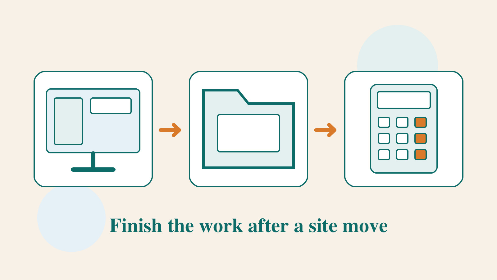 Original illustration of a website screen, backup folder, and billing calculation card showing post-migration checks of functionality, data, and billing.